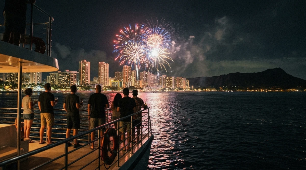 Fireworks bursting over Waikiki Beach seen from a sunset cruise boat near Honolulu with drinks on deck