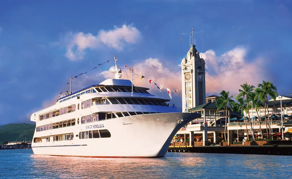 Buffet dinner and Polynesian hula show aboard the Pacific Star sunset dinner cruise off Honolulu